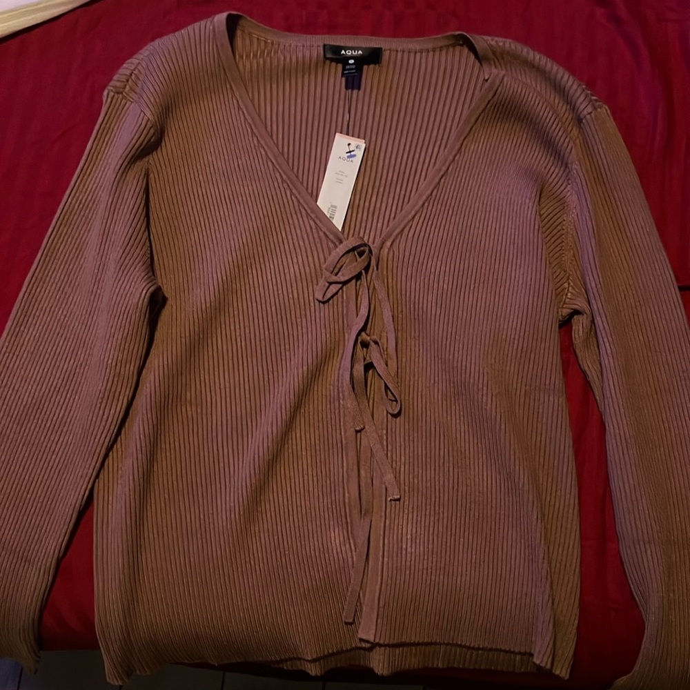 Aqua Acorn Ribbed Tie Front Cardigan